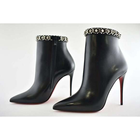 Christian Louboutin Booty Chain 100 Black Calf Leather Ankle Heel Bootie 40 - Picture 9 of 12